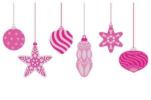 Set of Pink Christmas toys. Balls in Barbie color with hand drawing ornaments. Isolated collection for Xmas, new year design. vector