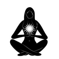 Hand drawn silhouette mystical women with sun in hand. Spiritual young woman. Magic esoteric talisman. vector