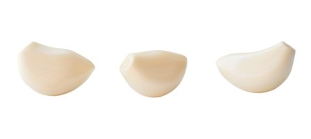 Set of three fresh separated peeled garlic cloves isolated with clipping path in png file format