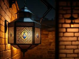 ai generative vintage lantern hanging on brick wall. photo