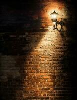 ai generative A single flood light partially lights up a red brick wall and a shaded dark photo