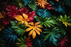 ai generative Tropical vivid vibrant color background with exotic painted tropical leaves photo