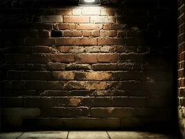 ai generative A single flood light partially lights up a red brick wall and a shaded dark photo