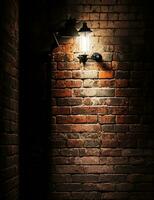 ai generative A single flood light partially lights up a red brick wall and a shaded dark photo