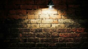 ai generative A single flood light partially lights up a red brick wall and a shaded dark photo