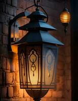 ai generative vintage lantern hanging on brick wall. photo