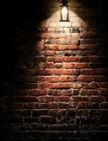 ai generative A single flood light partially lights up a red brick wall and a shaded dark photo