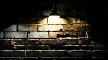 ai generative A single flood light partially lights up a red brick wall and a shaded dark photo