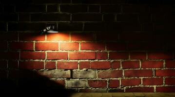 ai generative A single flood light partially lights up a red brick wall and a shaded dark photo