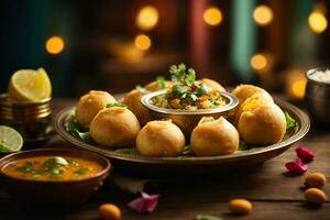 Promotional photo of delicious Indian food. Banner with beautiful plate, rice, spices and candles on the table, pani puri. AI Generative