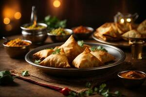 Beautiful promotional photo of Indian food, samosa. National Indian cuisine, beautiful plates, spices and candles. AI Generative