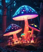 Magic mushrooms glowing with neon light grow in a dark forest. Bright fly agarics, magic. AI Generative. photo