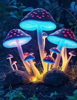 Multi-colored rainbow mushrooms glowing with neon light. Cute mushrooms of different sizes in a forest clearing. AI Generative. photo