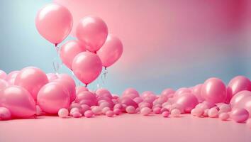 3d render of a cute advertising banner. Pink shiny balloons on strings, balloons of different sizes on a pink and blue pastel background. Congratulation, sale, holiday. AI Generative photo