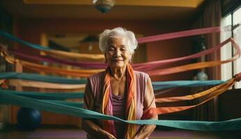 Happy elderly woman doing yoga. Bright beautiful photography, ribbons and pleasant soft light. Active old people, happy retirement. AI generated photo