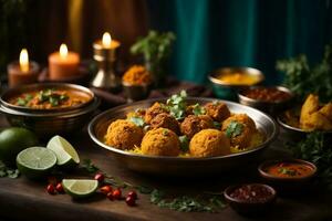 Beautiful promotional photo of Indian food. National Indian cuisine, beautiful plates, spices and candles. AI Generative