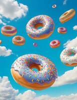 Delicious glazed donuts with colorful sprinkles fall from the sky. Rain of donuts, bright blue sky, fantastic illustration. AI Generative. photo