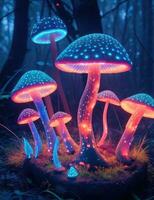 A forest clearing with a group of magic mushrooms glowing with bright neon light. Beautiful magical element, poisonous mushrooms. AI Generative photo