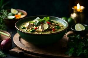 Commercial photo of Indian food on a dark background, green curry with rice, traditional Indian food, spices. AI Generative