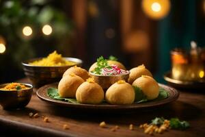 Beautiful promotional photo of Indian food, pani puri. National Indian cuisine, beautiful plates, spices and candles. AI Generative