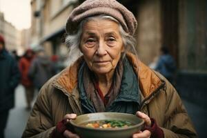 un mayor pobre mujer en el calle con un cuenco de sopa. el social problema de pobreza y hambre. ai generativo foto