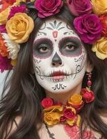 Image of a girl in a costume for the day of the dead. A beautiful wreath of bright flowers, a design on the face in the form of a skull. AI Generative. photo