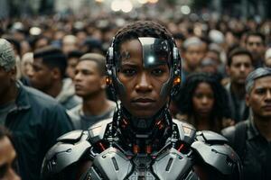 Android against the background of a crowd of people, the city of the future, the problem of artificial intelligence. Fantasy, book cover. AI Generative photo