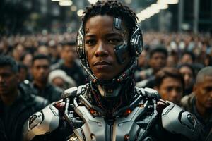 The problem of artificial intelligence and society, a photo of an android man against the background of a crowd of people. AI Generative