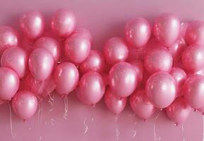 Banner pink metallized glossy air gel balloons. Beautiful bright background, pink balloons on a pastel pink background, holiday, gender party, sale. AI Generative photo