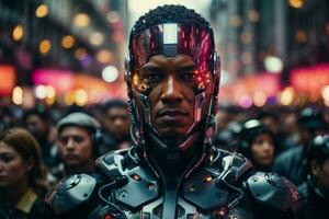 A dark-skinned android man against the background of the crowd and the city. The problem of artificial intelligence, the future, science fiction. AI Generative photo
