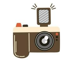 Photo camera. Retro Vintage camera device with a flash Vector hand draw illustration.