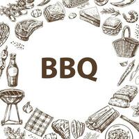 Vintage monochrome barbecue and picnic  template, hand-drawn. For the design of the menu, grilled food in a vintage doodle style. Template with an empty space in the center. vector