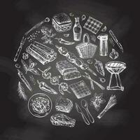 Vintage set of hand drawn monochrome  barbecue and picnic icons on chalkboard background. Elements in circle. For the design of the menu of restaurants and cafes, grilled food. vector