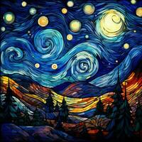 Starry night in stained glass style photo