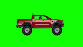 animation red pickup offroad loop video bright flat vector illustration isolated on green background