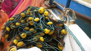 Fishing nets on fishing boat outdoor . video