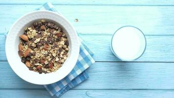 top view of granola Musli and milk on table video