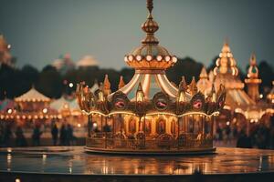 A carousel for children against the background of a blurred amusement park. Generated by artificial intelligence photo