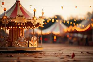 A carousel for children against the background of a blurred amusement park. Generated by artificial intelligence photo