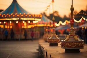 Evening amusement park, golden bokeh. Blurred amusement park background. Generated by artificial intelligence photo