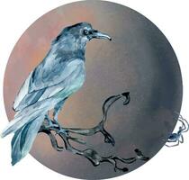 Gothic composition with moon, raven, spider watercolor illustration isolated on white. Bare tree, black crow on branch hand drawn. Design element for card, print, Halloween poster vector