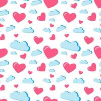 Seamless texture with pink hearts and clouds on a white background vector
