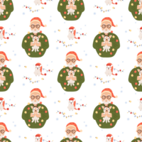 Christmas seamless pattern.  happy elderly man with  dog png