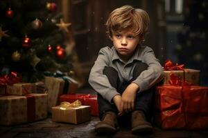 grave triste pequeño chico es sentado en frente de un Navidad árbol generativo ai foto