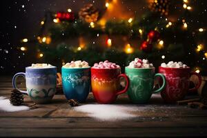 Hot drink with marshmallows and candy cane in colorful mugs. Fir cones, spices in the background. Christmas hot drinks collection. Merry Christmas. AI Generative photo