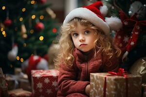 Serious sad little girl is sitting in front of a Christmas tree Generative AI photo