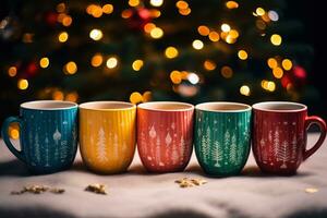 Hot drink with marshmallows and candy cane in colorful mugs. Fir cones, spices in the background. Christmas hot drinks collection. Merry Christmas. Generative AI photo