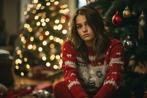 Sad girl sitting on the background of a Christmas tree AI generative photo