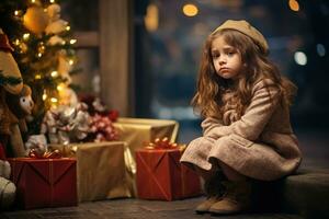 Serious sad little girl is sitting in front of a Christmas tree Generative AI photo