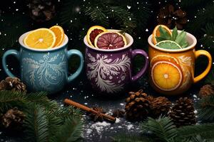 Hot drink with marshmallows and candy cane in colorful mugs. Fir cones, spices in the background. Christmas hot drinks collection. Merry Christmas. AI Generative photo